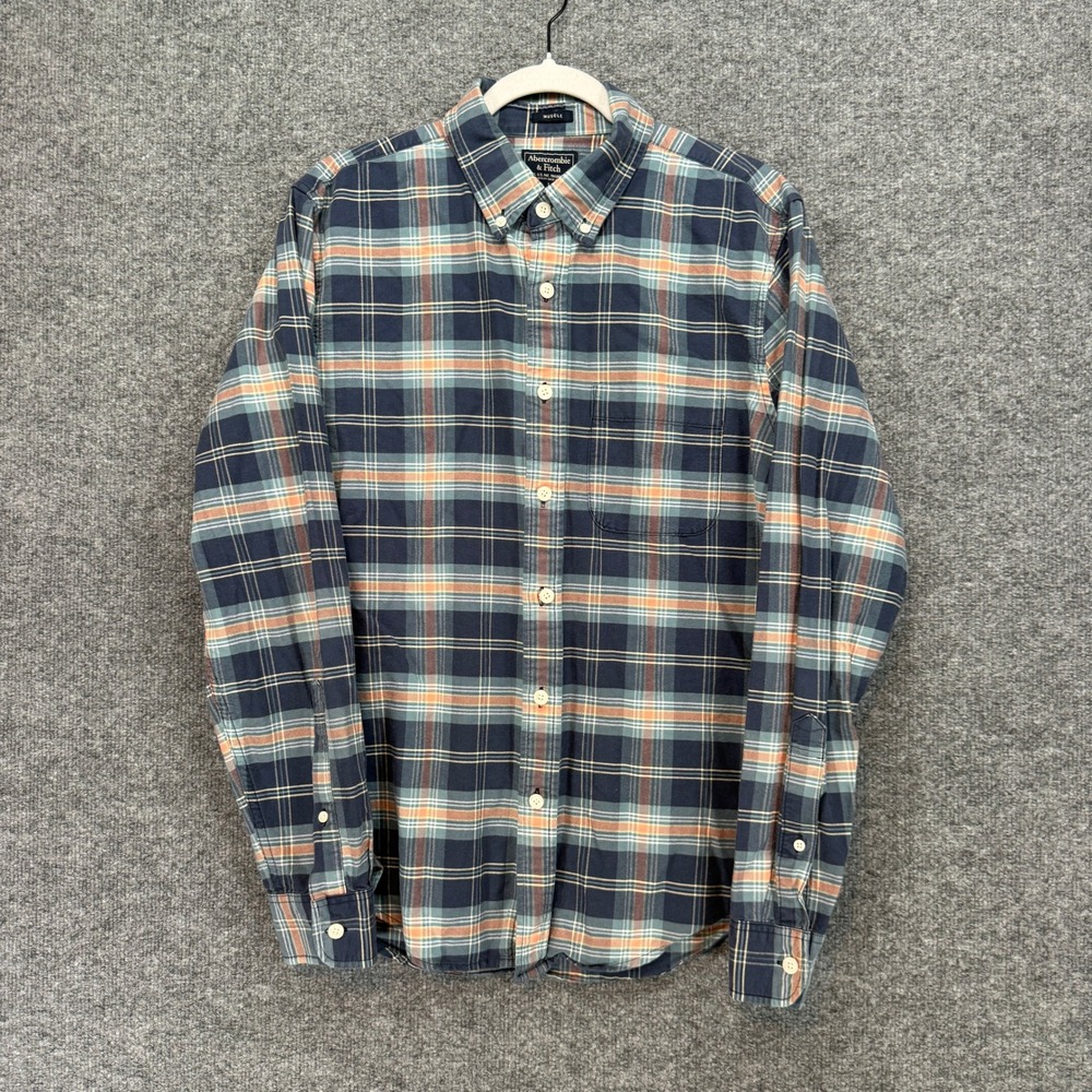 Abercrombie & Fitch‎ Button Up Shirt Men Large Blue Plaid Muscle Fit Long Sleeve